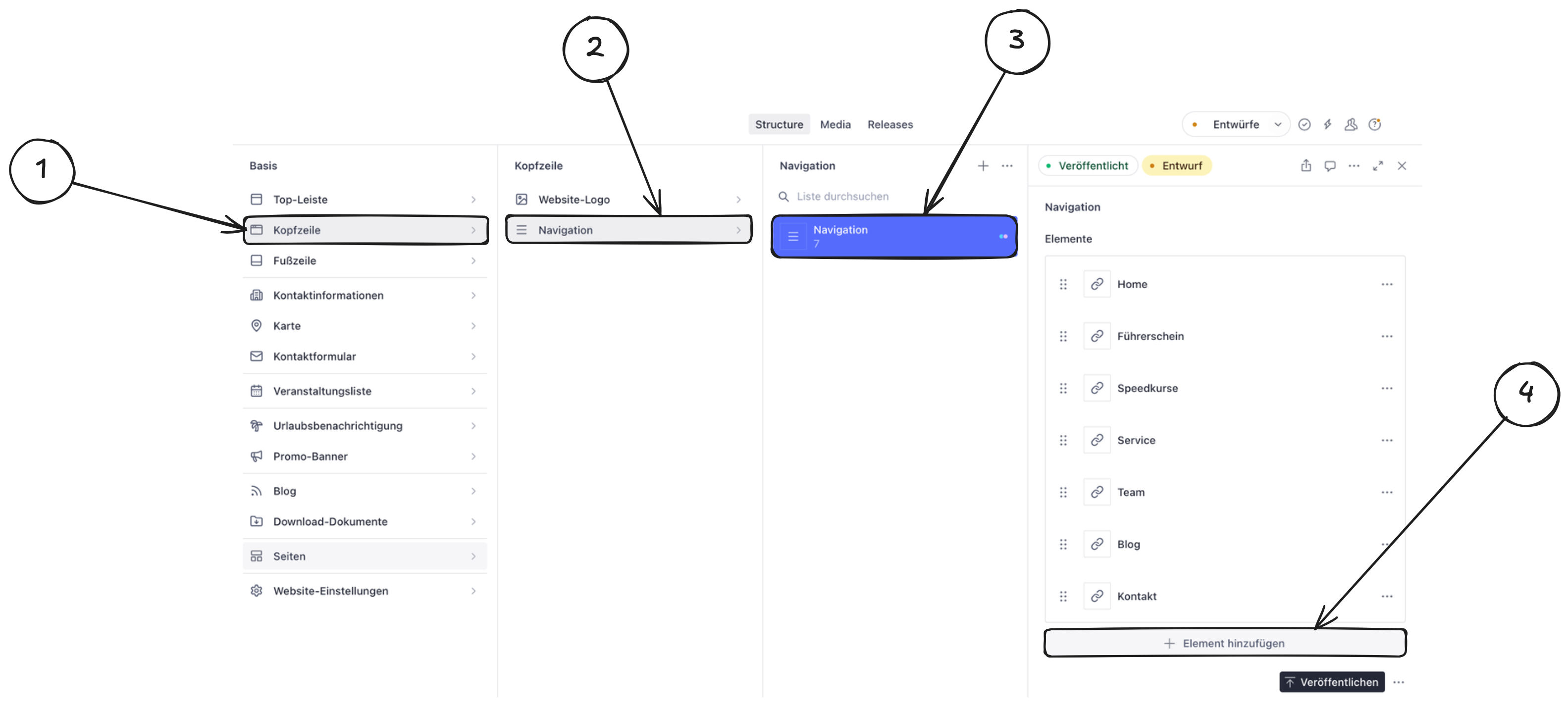 Sanity Studio: Seite zur Navigation hinzufügen
